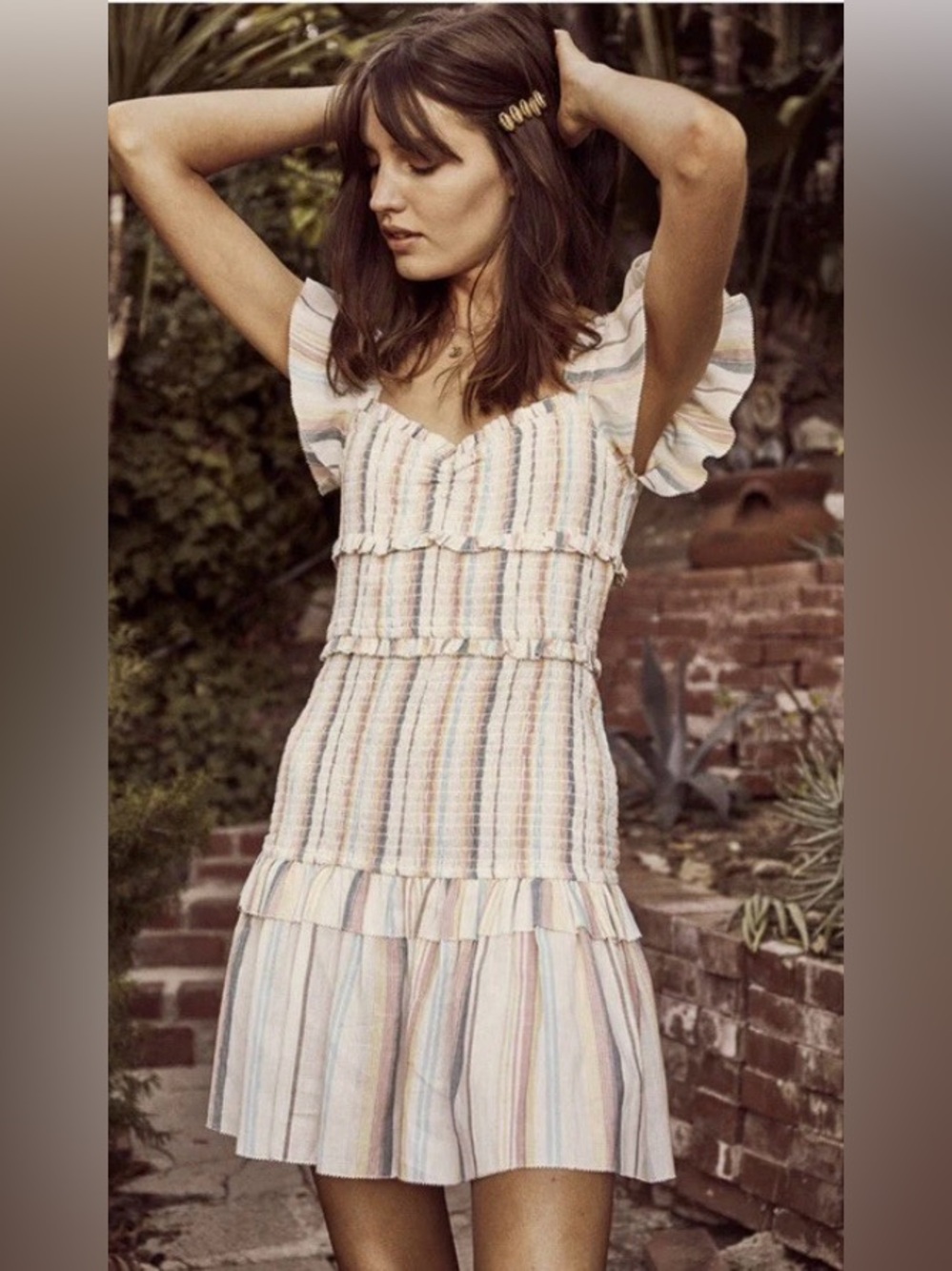 SAYLOR Dollie Mini Dress Striped Smocked Gauze Multicolor Feminine Luxury M
